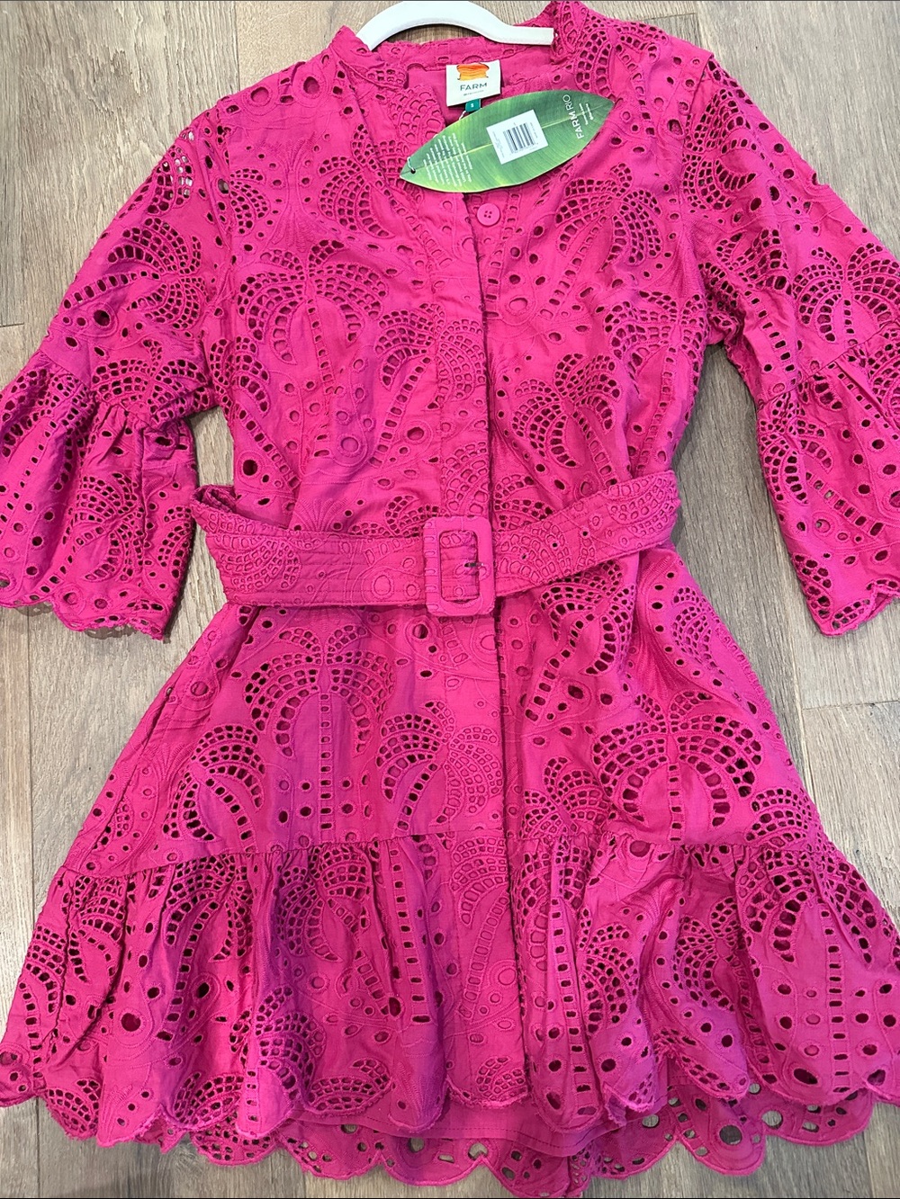 FARM Rio Fuchsia Eyelet Tiered Mini Dress with Belt